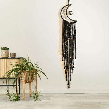 Crescent Moon Dream Catcher, Bohemian Woven Wall Hanging Dreamcatcher with Light, Unique Gypsy Nursery Decor with Ornament Decoration Hippie Gift for Home Bedroom Living Room