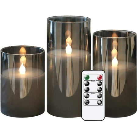 GenSwin Gray Glass Battery Operated Flameless Led Candles with 10-Key Remote and Timer, Real Wax Candles Warm White Flickering Light for Home Decoration(Set of 3)