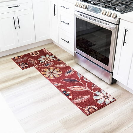 Maples Rugs Reggie Non Slip Washable Floor Mat [Made in US], Kitchen Rugs Sets of 2, Merlot