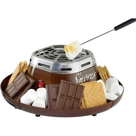 Nostalgia Indoor Electric Stainless Steel S'mores Maker with 4 Compartment Trays for Graham Crackers, Chocolate, Marshmallows and 2 Roasting Forks, Brown