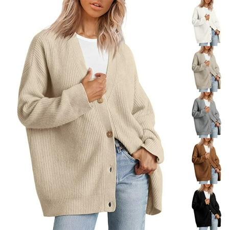 qolati Women's Cardigan 2023 Open Front Oversized Button Lightweight Sweaters Fall Winter V Neck Loose Cardigans Knit Outwear