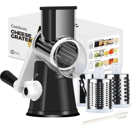 Rotary Cheese Grater Cheese Shredder - Kitchen Manual Cheese Grater with Handle Vegetable Slicer Nuts Grinder 3 Replaceable Drum Blades and Strong Suction Base Free Cleaning Brush