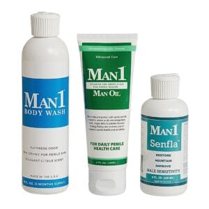 Man1 Collection – Man Oil, Senfla and Body Wash – Gift For Him. His Anniversary, His Birthday, Down There Health Care, Includes Three Full Size Intimate Care Products