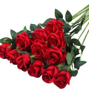 Hawesome 12PCS Artificial Silk Flowers Realistic Roses Bouquet Long Stem for Home Wedding Decoration Party (A-Red)