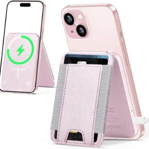 for Magsafe Wallet Stand, 15W Magnetic Wireless Charging Stand for iPhone 15/14/13/12 Series, Vegan Leather, Fit 6 Cards, RFID Blocking, USB-C Inlet, Not Power Bank, Pink