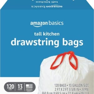Amazon Basics Tall Kitchen Drawstring Trash Bags, 13 Gallon, Unscented, 120 Count (Previously Solimo)