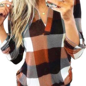 Dokotoo Womens Basic Casual V Neck Plaid Print Cotton Cuffed Long Sleeve Work Tops Blouses Shirts S-5XL
