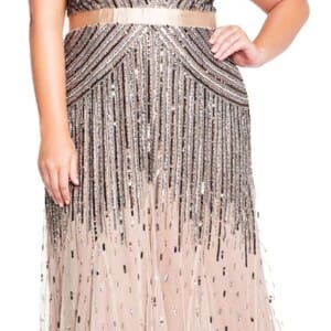 Adrianna Papell Women’s Plus Size Floor Length Beaded Cap Sleeve V-Neck Dress
