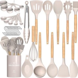 Umite Chef Kitchen Cooking Utensils Set, 33 pcs Non-Stick Silicone Cooking Kitchen Utensils Spatula Set with Holder, Wooden Handle Silicone Kitchen Gadgets Utensil Set (Khaki)