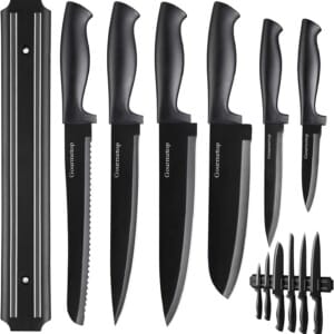Gourmetop Kitchen Knife Set with No Drilling Magnetic Strip for Kitchen Black Titanium Small Cooking Knives, Sharp Stainless Steel Chef Knife Set for Cutting Meat & Vegetable