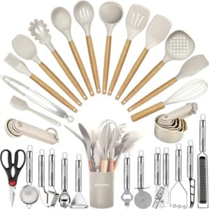 Kitchen Utensils Set- 35 PCs Cooking Utensils with Grater,Tongs, Spoon Spatula &Turner Made of Heat Resistant Food Grade Silicone and Wooden Handles Kitchen Gadgets Tools Set for Nonstick Cookware