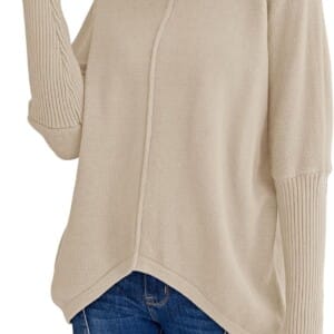 Miessial Women’s Oversized Knit Tunic Sweater Long Batwing Sleeve Mock Neck Sweaters Fall Outfits Winter Pullover Jumper Top