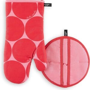Kate Spade New York Joy Dot Oven Mitt & Pot Grabber 2-Pack Set, 7″ x 13″, 8″ Round, Red/Rose Pink  Home & Kitchen