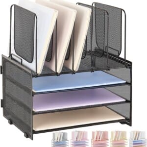 LEKETREE Desk Organizers and Accessories, 3-Tier Paper Organizer with 5 Vertical File Holders, File Organizer for Desk, Desk Accessories & Workspace Organizers (Black)