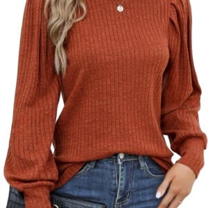 HOTOUCH Women’s Knit Blouse Soft Puff Long Sleeve Shirt Tops Lightweight Round Neck Tunic S-XXL