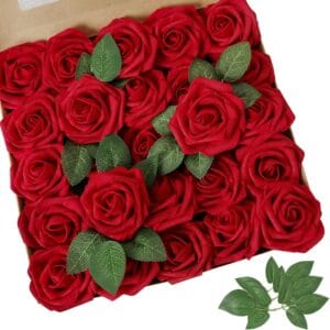AmyHomie Artificial Flower Dark Red Rose 25pcs Real Looking Fake Roses w/Stem for DIY Wedding Bouquets Centerpieces Arrangements Party Baby Shower Home Decorations