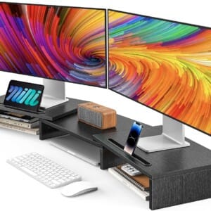 AMERIERGO Dual Monitor Stand Riser for 2 Monitors, Monitor Stand for Desk, Adjustable Computer Monitor Stand with 2 Slot, Multifunctional Desktop Organizer Stand for Laptop, PC, Computer, Printer