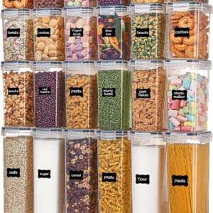 Vtopmart Airtight Food Storage Containers with Lids, 24 pcs Plastic Kitchen and Pantry Organization Canisters for Cereal, Dry Food, Flour and Sugar, BPA Free, Includes 24 Labels