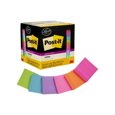 Post-it Super Sticky Notes, 3 in x 3 in, Assorted Bright Colors, 15 Pads