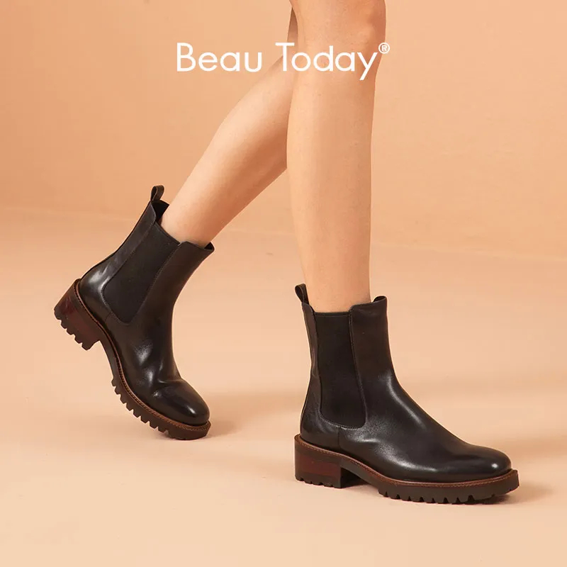 BeauToday Chelsea Boots Women Genuine Cow Leather Waxing Square Toe Elastic Band Autumn Ladies Block Heel Shoes Handmade 02515