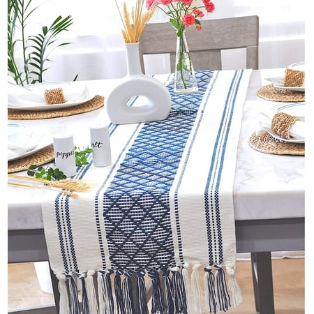 Boho Dining Table Runner with Tassel Fringe 14 x 72 Inches, Navy Blue & Cream | Farmhouse Style Woven Dresser Scarf / Designer Console Table Topper Cover