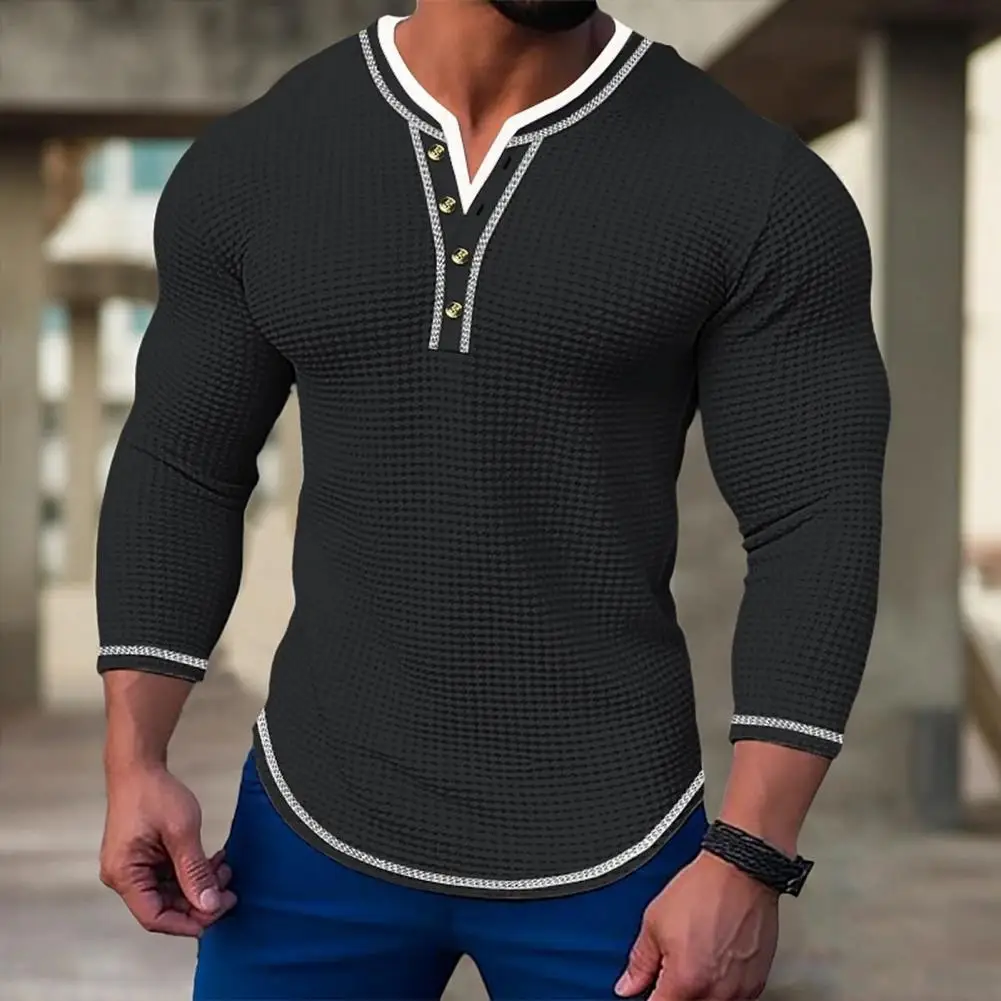 Casual Long Sleeve T-shirt for Men Men's Slim Fit Long Sleeve Waffle Texture Henley T-shirt Soft Breathable Casual for Fall