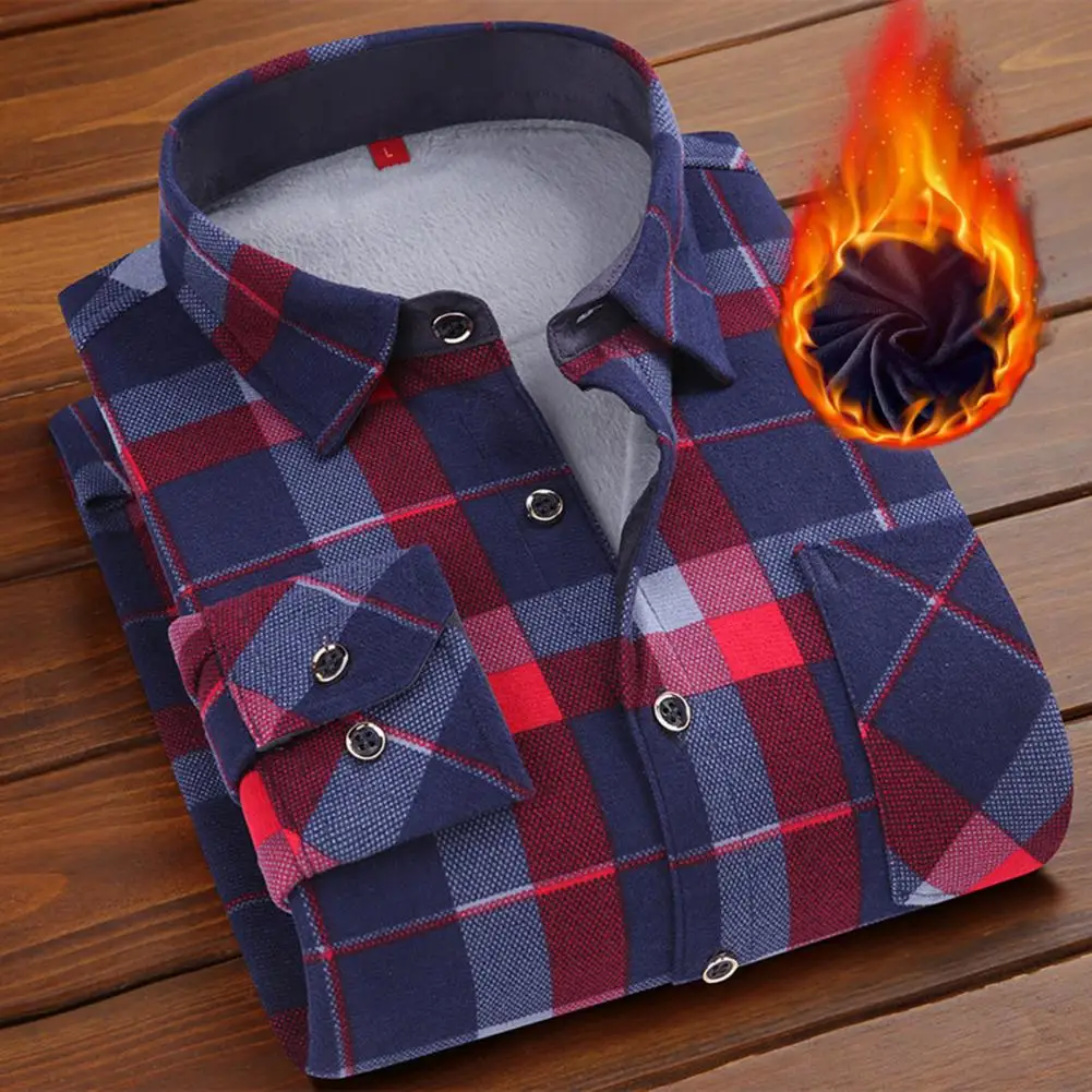 Formal Shirt For Men 2023 Long Sleeve Fleece Warm Plaid Oversized Plaid Collar Shirt Winter Velvet Clothing warm Plaid shirt