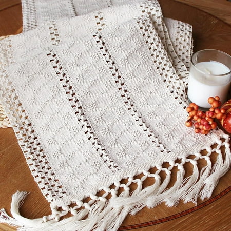 Holzlrgus Boho Table Runner 72 Inches Long for Home Decor Macrame Table Runner Cream Farmhouse Table Runner with Tassels for Bohemian Dining Bedroom Decor Rustic Bridal Shower