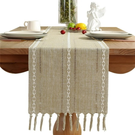 Husfou Table Runners with Tassels, 13x72in Woven Hollow Table Linens, Boho Linen Table Runner for Bohemian Wedding Bridal Shower Rustic Farmhouse Dining Table Fall Christmas Home Decor