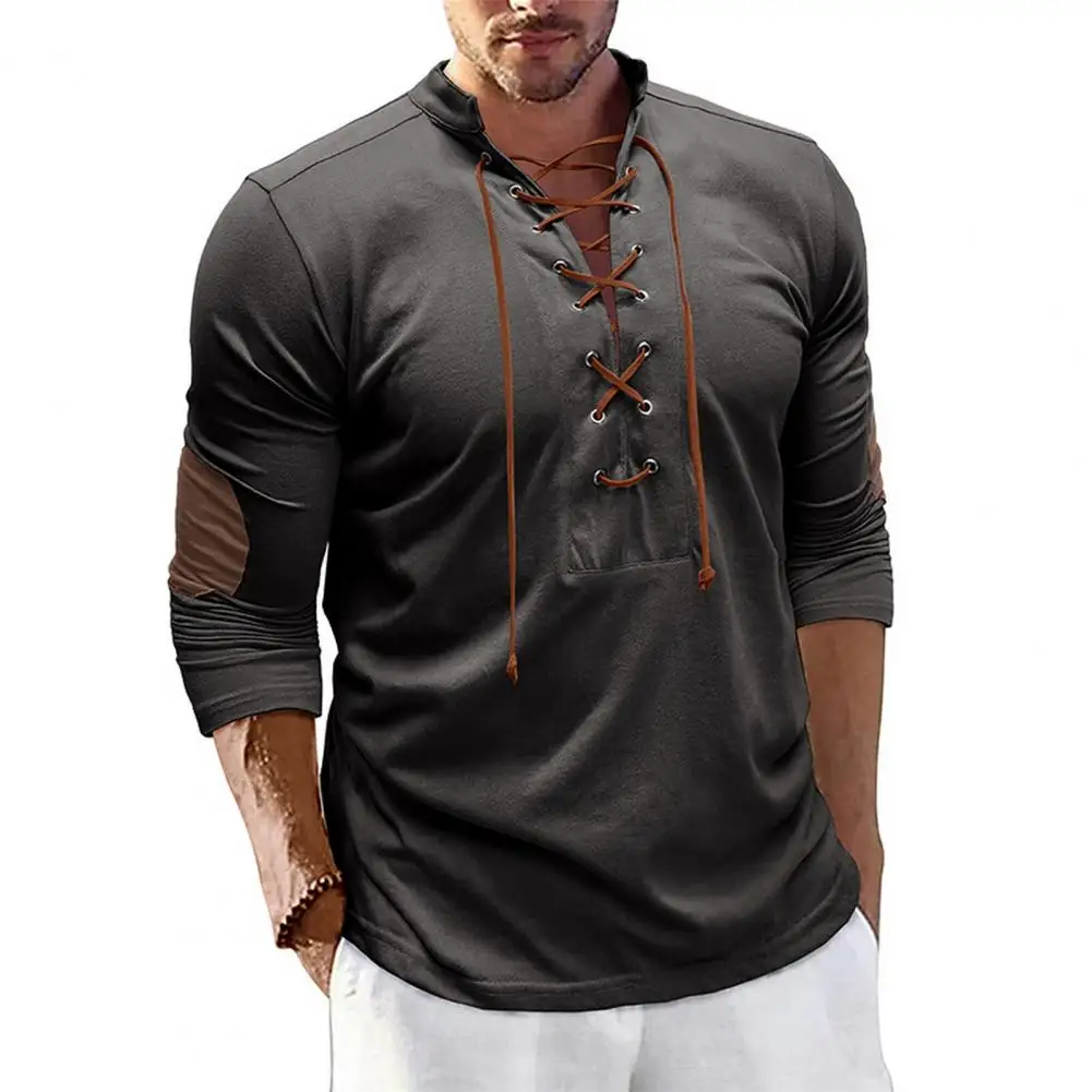 Long Sleeve Henley Shirt Retro Top Men's Stand Collar Lace Up Slim Fit Long Sleeve Pullover Soft Breathable Retro for Fall