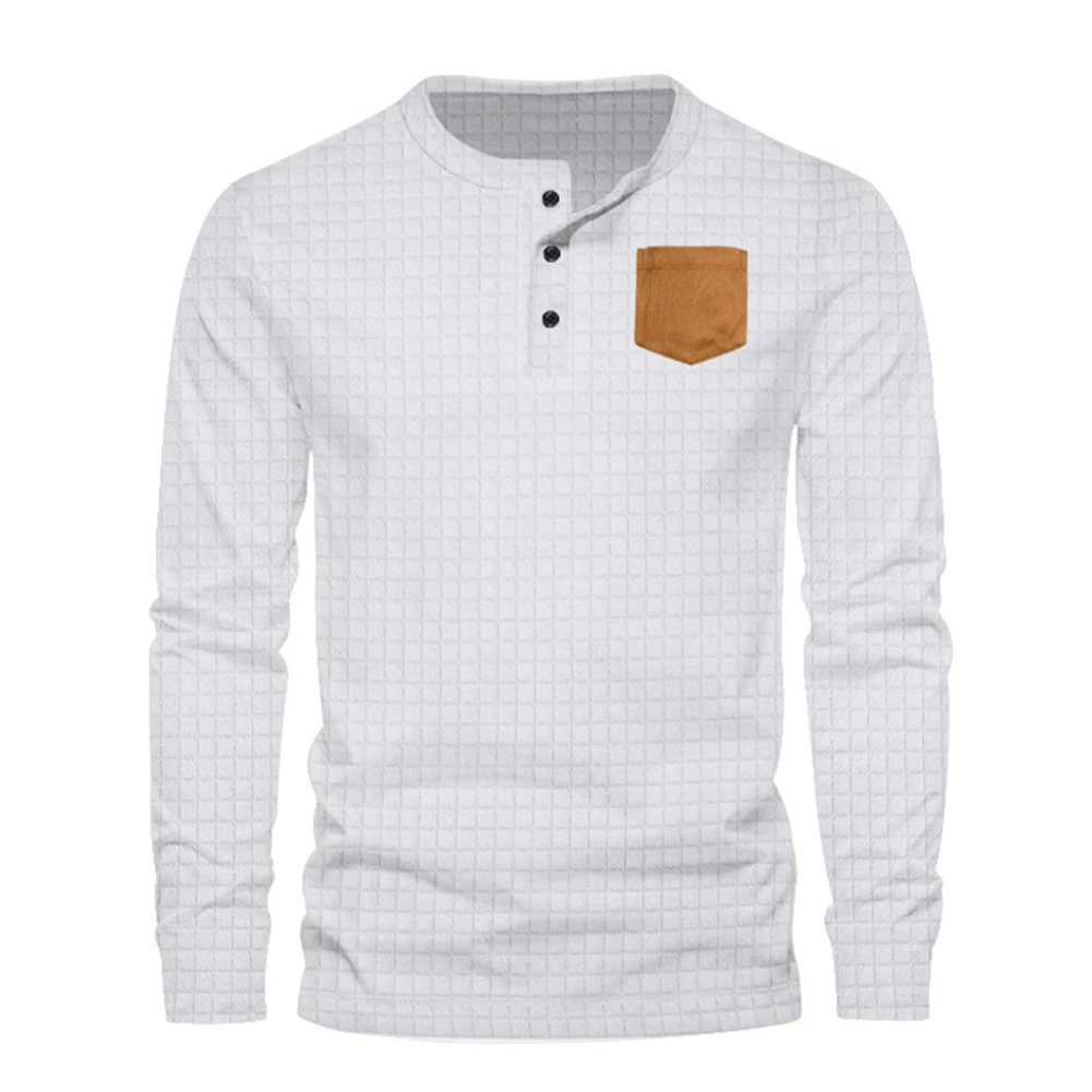 Men Casual Henley Round Neck Slim Fit Long Sleeve Tops Shirts Button Pullover Tee Blouse Solid Pocket Fashion Men's T-shirt