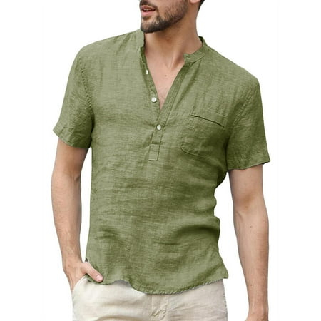 Mens Henley Shirt Short Sleeve Linen Banded Collar V Neck Summer Beach T Shirt Blouse With Pocket