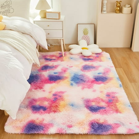 PERFEMET 5x8 Purple Area Rugs for Room Door Tie Dye Pink Large Carpet for Girls Bedroom Living Room Shag Rug Fluffy Fuzzy Plush Rug Kids Rugs for Indoor Outdoor(5"x8", Pink Purple)