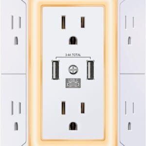 Multi Plug Outlet Surge Protector – POWRUI 6 Outlet Extender with 3 USB Ports (1 USB C) and Night Light, 3-Sided Power Strip with Adapter Spaced Outlets – White，ETL Listed