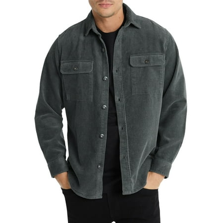 JMIERR Mens Corduroy Jackets Casual Button Down Shirts Ribbed Long Sleeve Shacket Jackets Jacket with Flap Pockets S-XXL