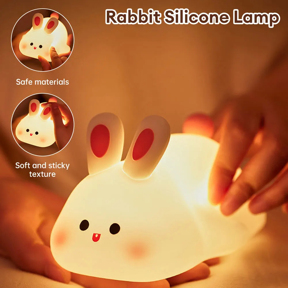 LED Cute Rabbit Silicone Lamp USB Rechargeable Timing Bedside Decor Light 3 Level Dimmable Breastfeeding Nursery Night Light