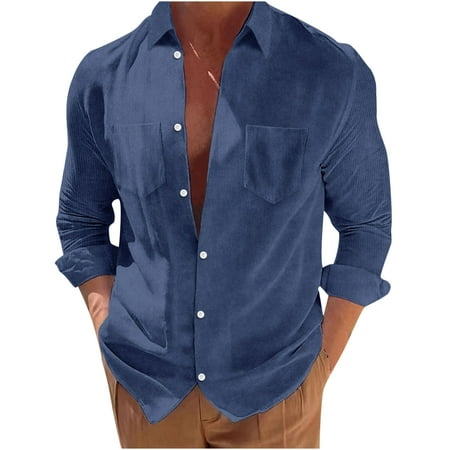 Lovskoo Long Sleeve Shirts for Men Corduroy Button Down Shirt Solid Color Blouse Ribbed Tops Work Shirt Jacket with Chest Pocket Dark Blue