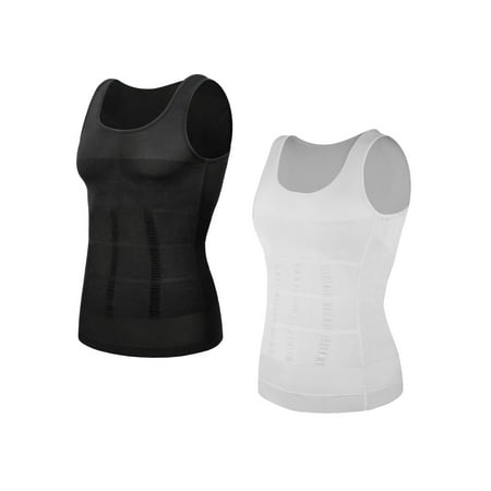 QRIC 2 Pack Mens Compression Shirts Shapewear Tank Top Slimming Body Shaper Vest Shirts Abs Slim Gym | Black+White-XL