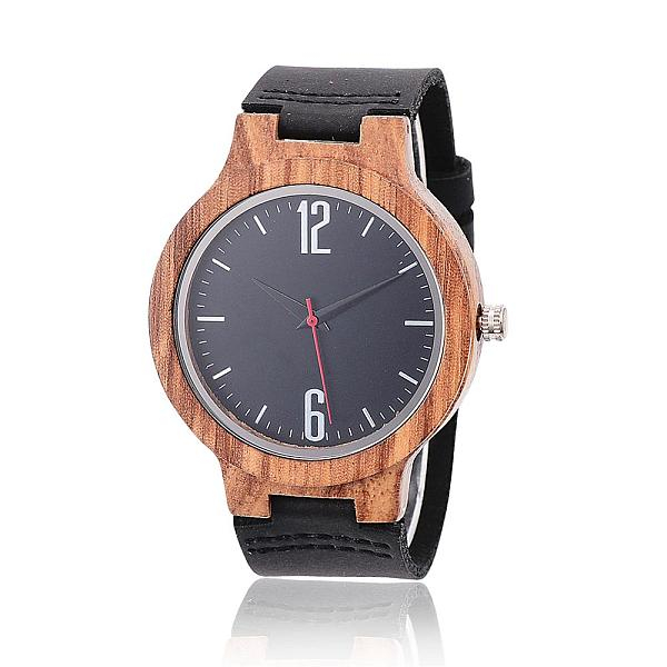 PandaHall Zebrano Wood Wristwatches, Men Electronic Watch, with Leather Watchbands and Alloy Findings, Black, 260x23x2mm, Watch Head...