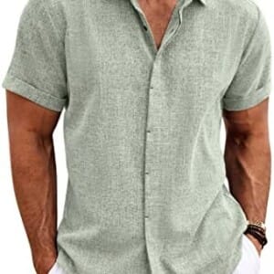 COOFANDY Men’s Linen Shirts Short Sleeve Casual Shirts Button Down Shirt for Men Beach Summer Wedding Shirt