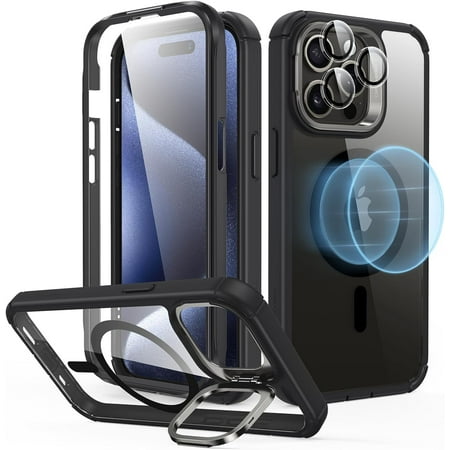 ESR for iPhone 15 Pro Max Case, 2-Part Tough Full-Body Shockproof MagSafe Stash Stand (HaloLock), Exceeds Military-Grade Protection, Clear Black