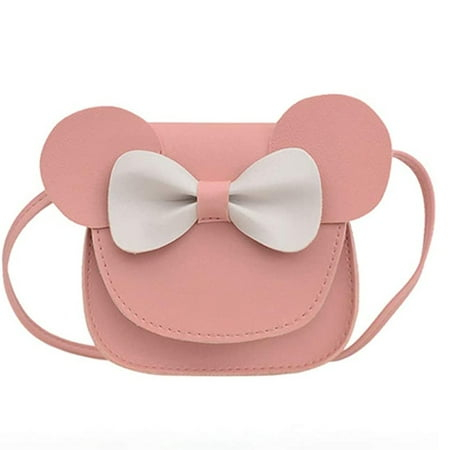 Little Mouse Ear Bow Crossbody Purse,PU Shoulder Handbag for Kids Girls Toddlers,pink and white