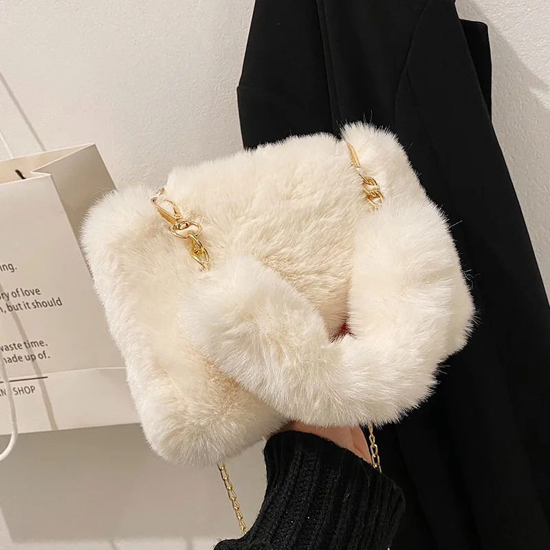 New Fashion Women Plush Tote Handbag Casual Fuzzy Crossbody Bag Versatile Fluffy Shoulder Bag Soft Cute Fall Winter Female Purse