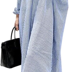 chouyatou Women’s Casual Loose Striped Cotton Maxi Shirt Dress
