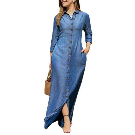 Chouyatou Womens Casual Button Down Denim Maxi Dress Lapel Long Sleeve Long Jean Dresses with Pockets