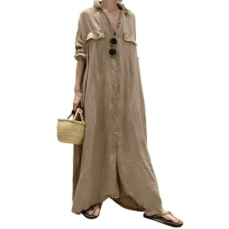 Chouyatou Women's Casual Long Sleeve Maxi Shirt Dress Loose Fit Cotton Button Down Swing Long Dress