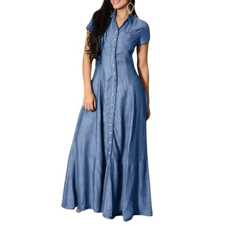 Chouyatou Womens Short Sleeve Denim Maxi Dress Casual Loose Fit Button Down Long Jean Dresses