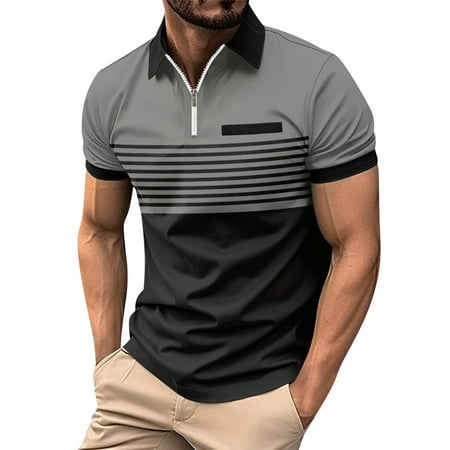 Huresd Men's Golf Polo Shirts Short Sleeve Collar Tennis Shirt Color Block Striped Work T-Shirt Gray XL