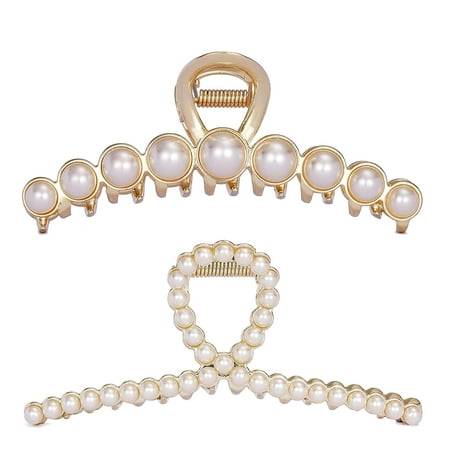 Vintage Metal Pearl Hair Claw Clips Large Size Imitation Pearl Hair Jaw Clips Hair Clasps Accessories, Elegant Pearls Hair Ornaments Barrettes for Women Lady Girls