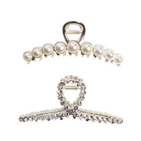 Vintage Metal Rhinestone Hair Claw Clips Large Size Imitation Pearl Hair Jaw Clips Hair Clasps Accessories for Women Lady set of 2